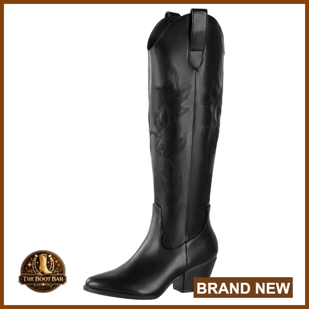 Women's Knee High Western Boots With Embroidered Fabric And Chunky Heel